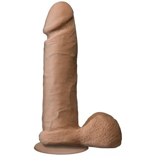 Realistic brown 8-inch adult sex toy with textured surface and flared base