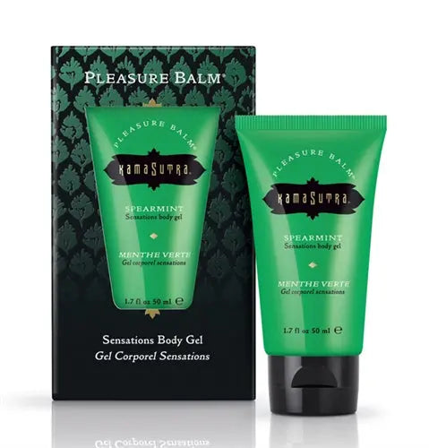 Pleasure Balm Kamasutra Spearmint sensations body gel tube and box, green