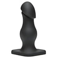 Black silicone anal plug with curved shape and flared base