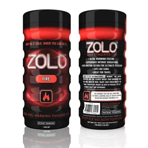 Fire cup, red-and-black tumbler with FIRE graphic and Zolo branding