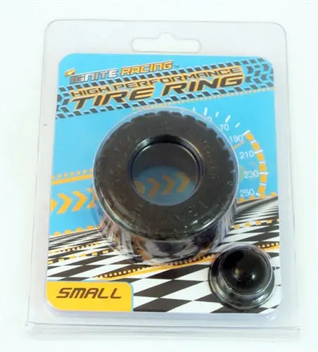 Small black tire ring with center hole, packaged in clear blister