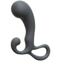 Slate-colored silicone massager with curved handle and two rounded loops at base