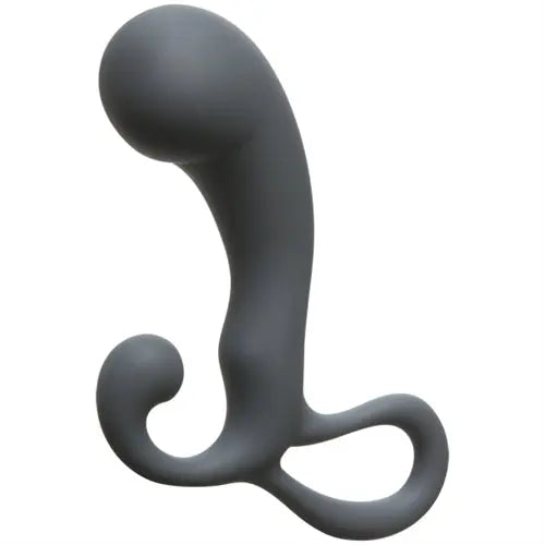 Slate-colored silicone massager with curved handle and two rounded loops at base