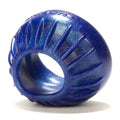 Blue silicone cockring with ribbed turbine-style texture