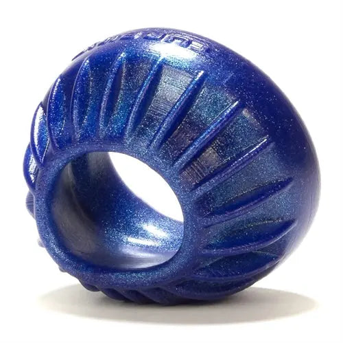 Blue silicone cockring with ribbed turbine-style texture