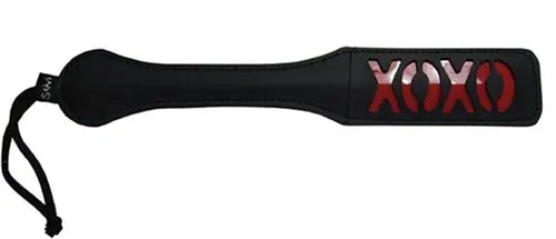 Black Sex and Mischief paddle with XOXO graphic on handle