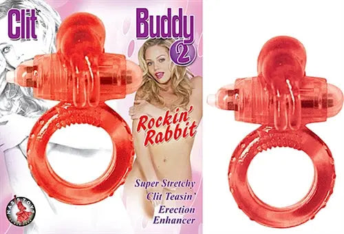 Red translucent clit stimulation ring with two side arms and central nozzle