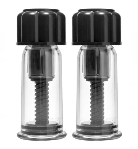 Nipple suction pump set: clear cylinders with black caps and screw plungers (2)