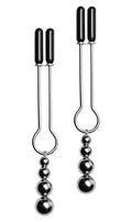 Nipple clamp set with black capped clips and dangling metal ball beads