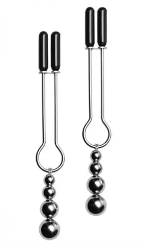 Nipple clamp set with black capped clips and dangling metal ball beads