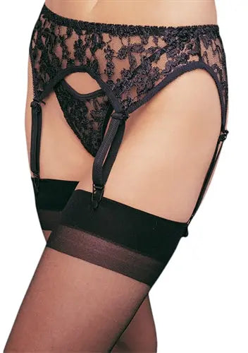 Black lace garterbelt and thong set with garter straps and scalloped trim