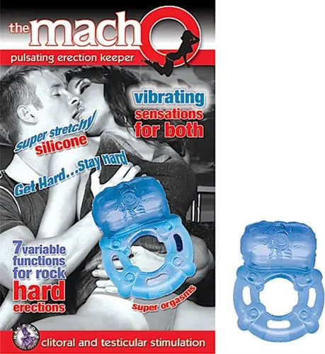 Blue silicone vibrating pulsating cock ring with clitoral and testicular stimulators