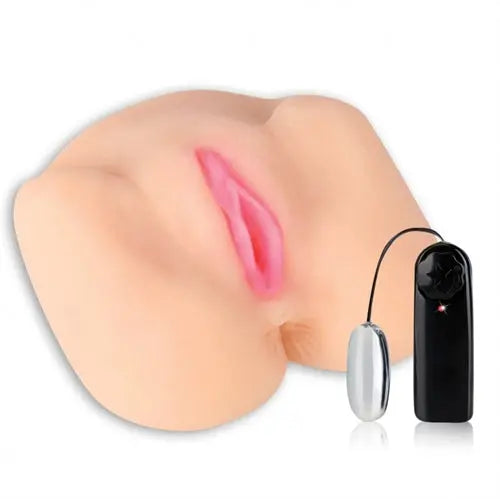 Realistic adult sex toy with pink opening and vibrating handle, black control