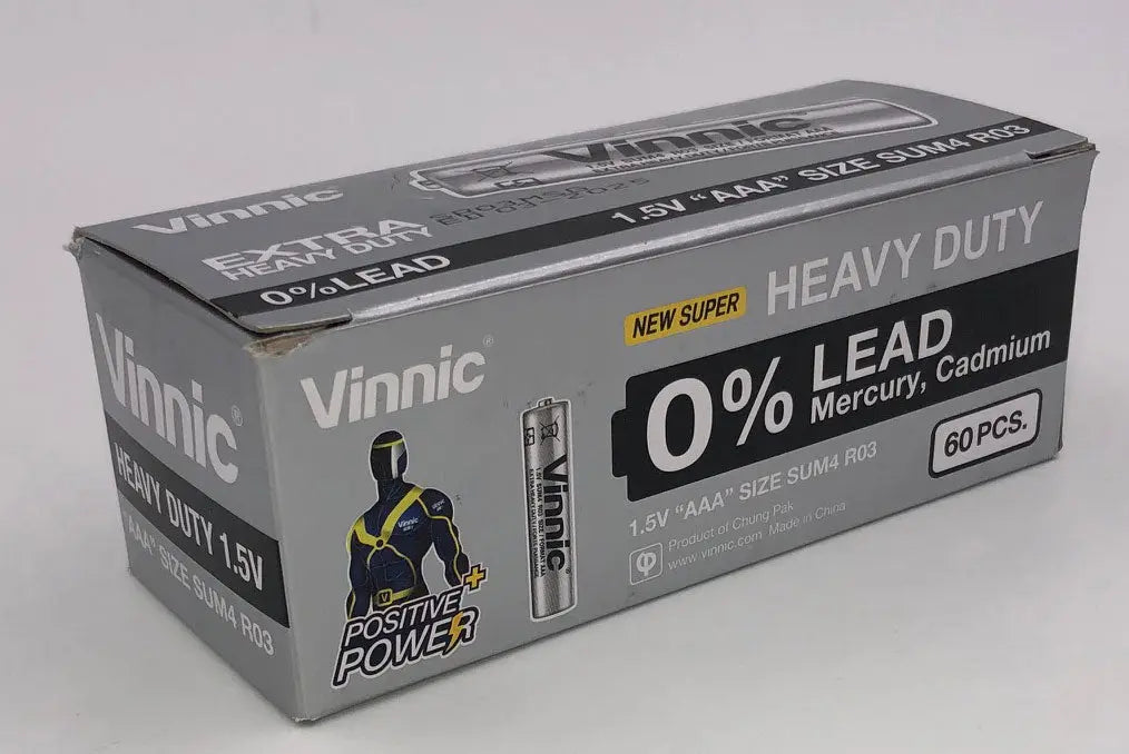 Vinnic Extra Heavy Duty AAA Batteries - 2 Pc./ Shrink Pk. - 60 Pcs. Box – body-safe materials | Fu'Cha Exotics