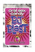BJ Blast strawberry oral sex candy, foil pouch with logo and strawberry graphic
