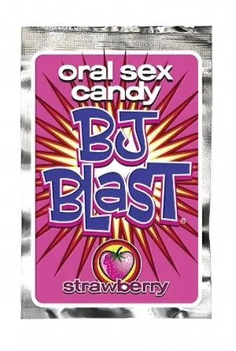 BJ Blast strawberry oral sex candy, foil pouch with logo and strawberry graphic