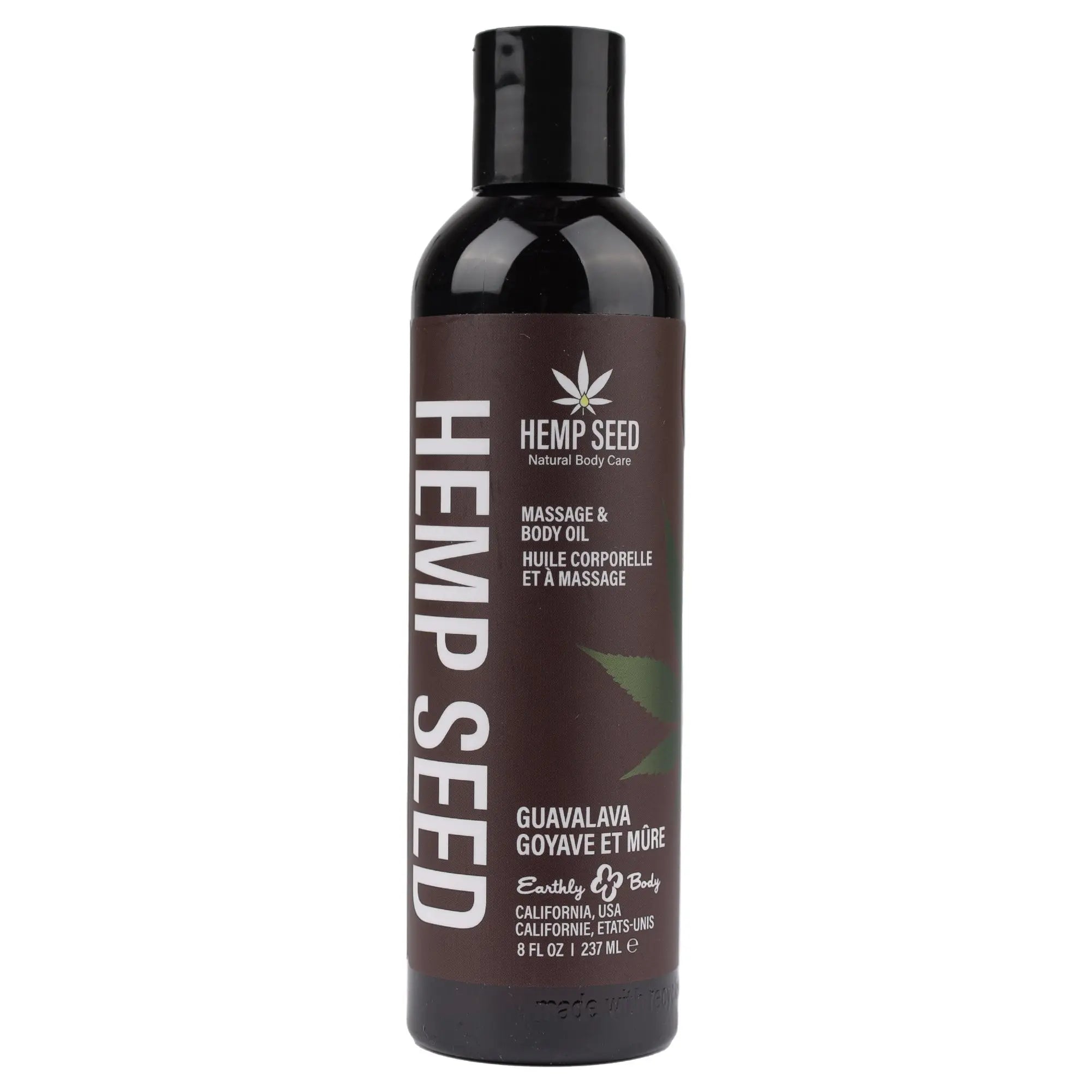 Hemp seed body massage oil bottle with black cap, Guavalava label, 8 fl oz