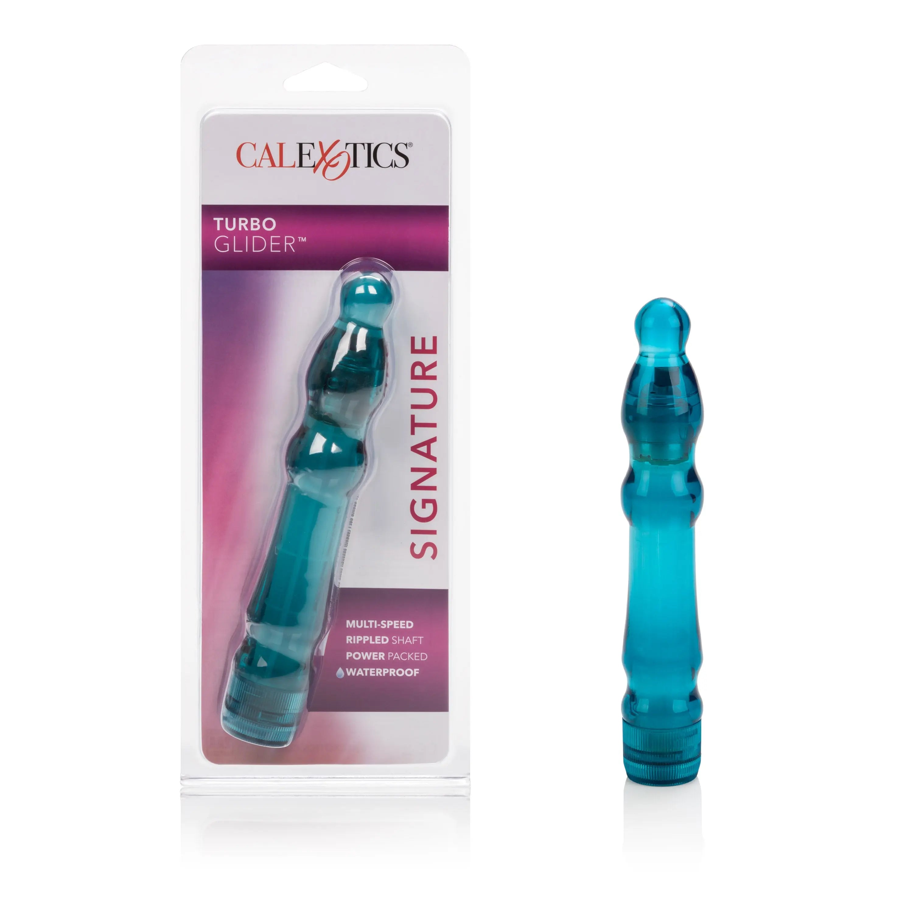 Teal waterproof multi-speed turbo glider sex toy, segmented design and ribbed grip.