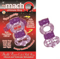 Purple double cock and balls ring with textured flex bands and two circular loops
