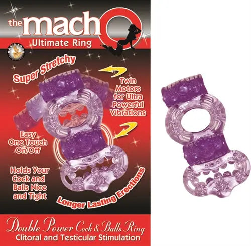 Purple double cock and balls ring with textured flex bands and two circular loops