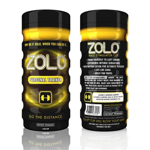 Zolo personal trainer sports cup, black with gold logo and motivational print