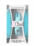 Turquoise bunny-shaped silicone item with paw print detail, in retail box
