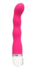 Pink silicone vibrator with curved body and silver control base