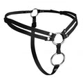 Black strap-on harness with metal rings, O-ring front, and adjustable buckles
