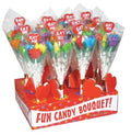 Candy bouquet gift with clear tulip wrap and red heart lollipops, multicolor candies