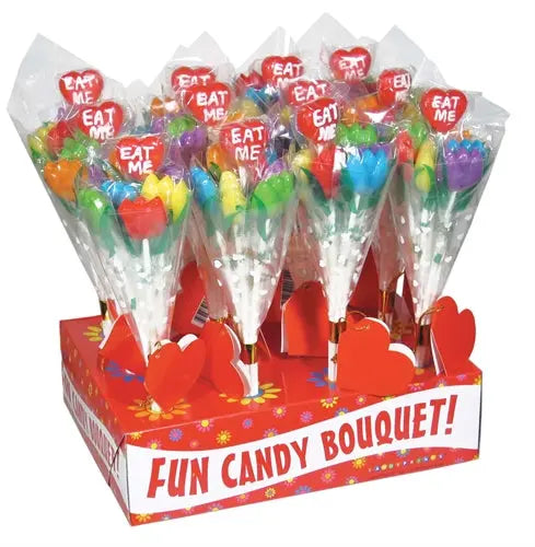Candy bouquet gift with clear tulip wrap and red heart lollipops, multicolor candies