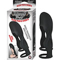 Black flexible penis sheath with open ring base and curved tapered shape