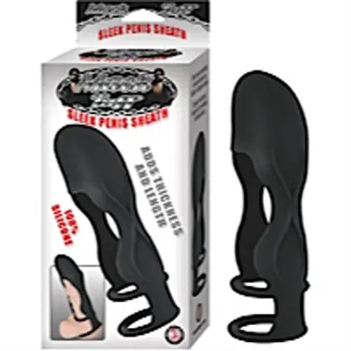 Black flexible penis sheath with open ring base and curved tapered shape