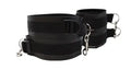 Black thigh and wrist cuff set with adjustable buckles and metal rings