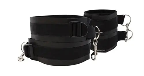 Black thigh and wrist cuff set with adjustable buckles and metal rings