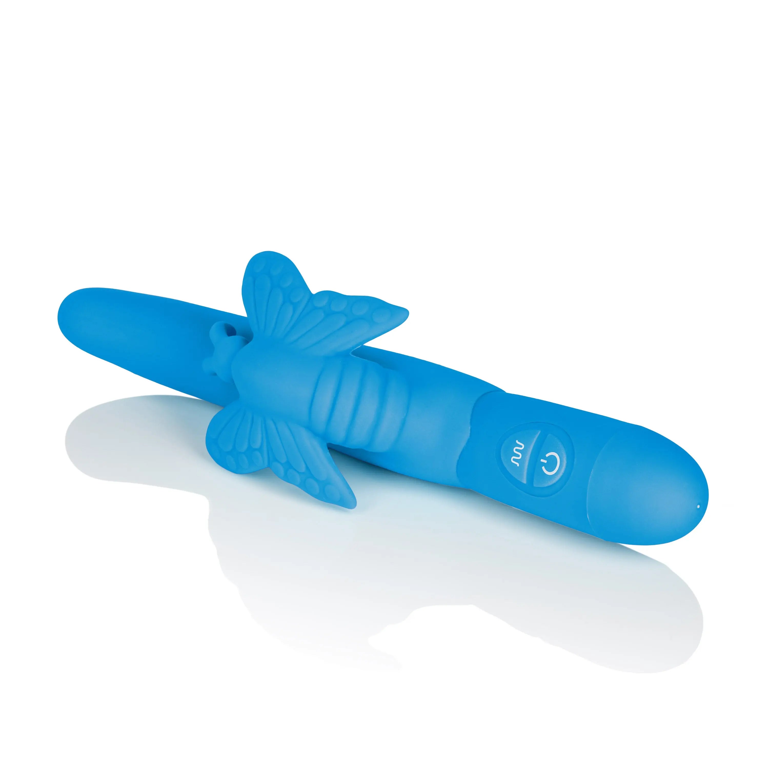 Blue butterfly-shaped handheld massager with two button icons