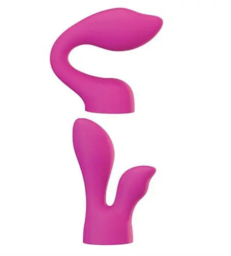 Pair of purple silicone massage heads, one curved and one dual-curve with base