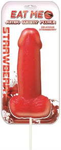 Jumbo strawberry gummy pecker novelty toy, red, molded penis shape with flared base