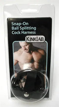 Black leather snap-on ball-splitting cock harness with ring and straps