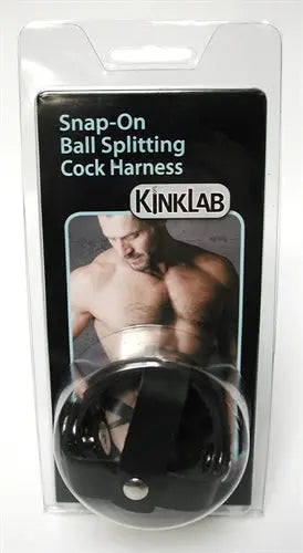 Black leather snap-on ball-splitting cock harness with ring and straps