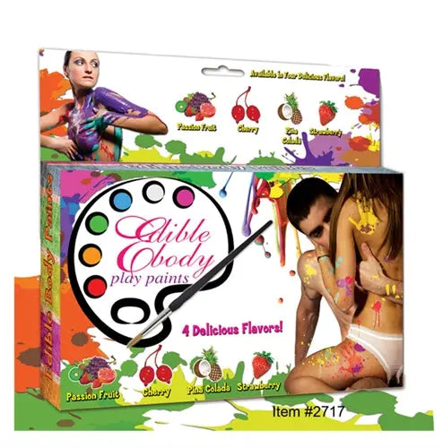 Edible body play paints kit with fruit and floral design packaging and body-paint application photo