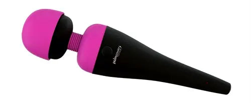 Rechargeable massager with fuchsia and black cylindrical handle and rounded end