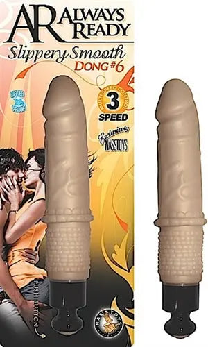 Flesh-colored smooth dong with textured base and flared tip, black suction base