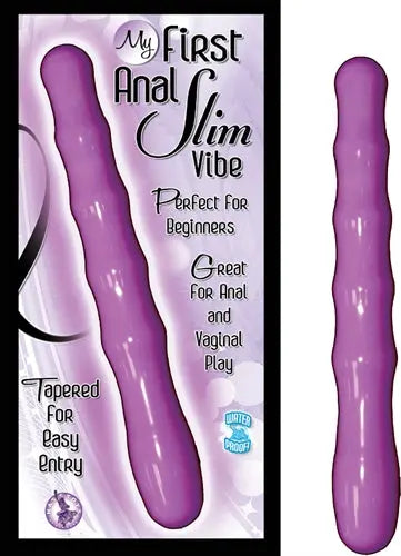 Purple slim curved anal vibe with rounded tip and smooth glossy surface
