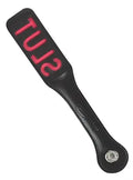 Black leather impression paddle with red logo lettering and metal rivet end