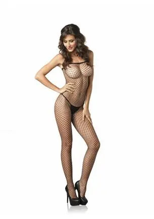 Tan net spaghetti-strap bodystocking with full-length seamless fit