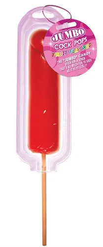 Strawberry fruit flavored jumbo lollipop on stick, red candy with wrapper