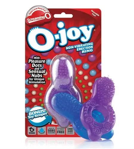 Purple pleasure ring toy with blue insert and textured surface
