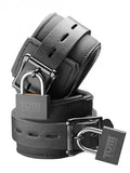 Tom of Finland neoprene wrist cuffs, dark gray with metal buckles and rings, padlock