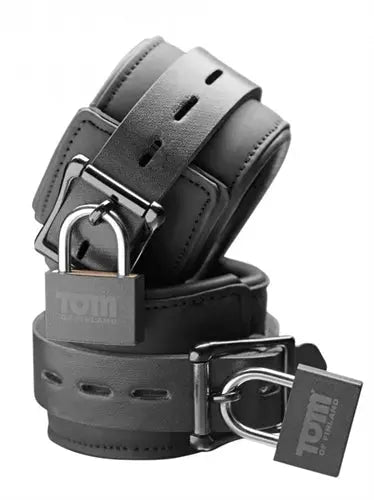 Tom of Finland neoprene wrist cuffs, dark gray with metal buckles and rings, padlock