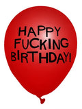 Red birthday balloon with 'HAPPY FUCKING BIRTHDAY!' print